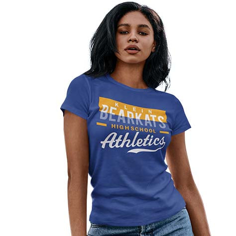 Woman wearing a Klein High School Bearkats Women's Royal T-shirt 48