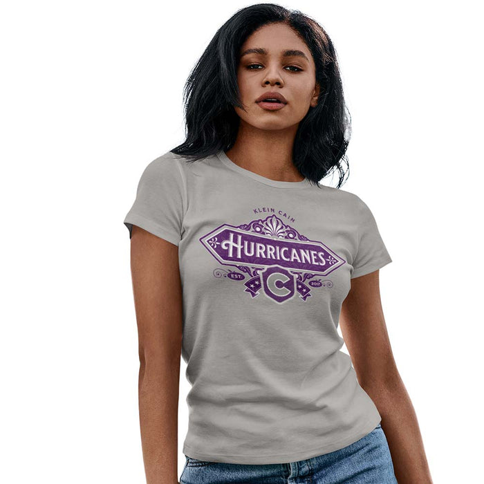 Woman wearing a Klein Cain High School Hurricanes Sport Grey Women's T-shirt 205