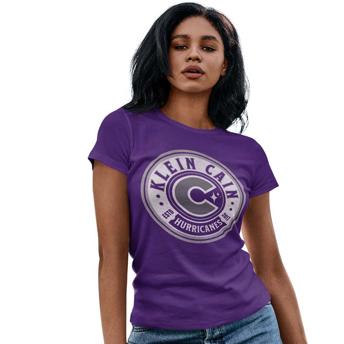 Woman wearing a Klein Cain High School Hurricanes Purple Women's T-shirt 209