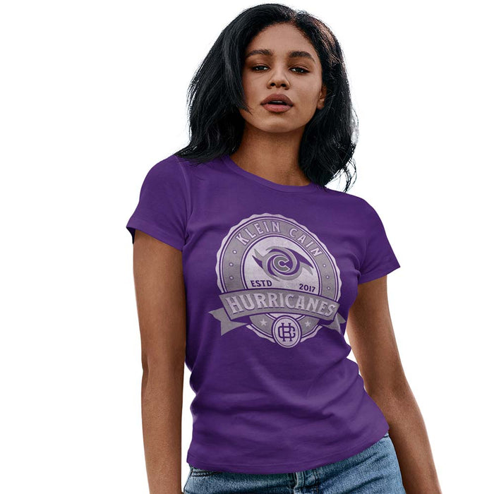 Woman wearing a Klein Cain High School Hurricanes Purple Women's T-shirt 213