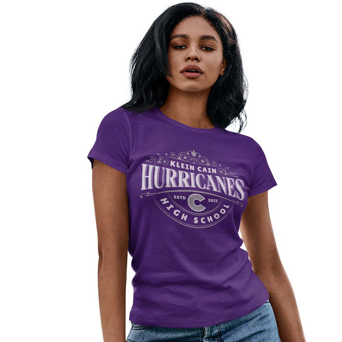 Woman wearing a Klein Cain High School Hurricanes Purple Women's T-shirt 214