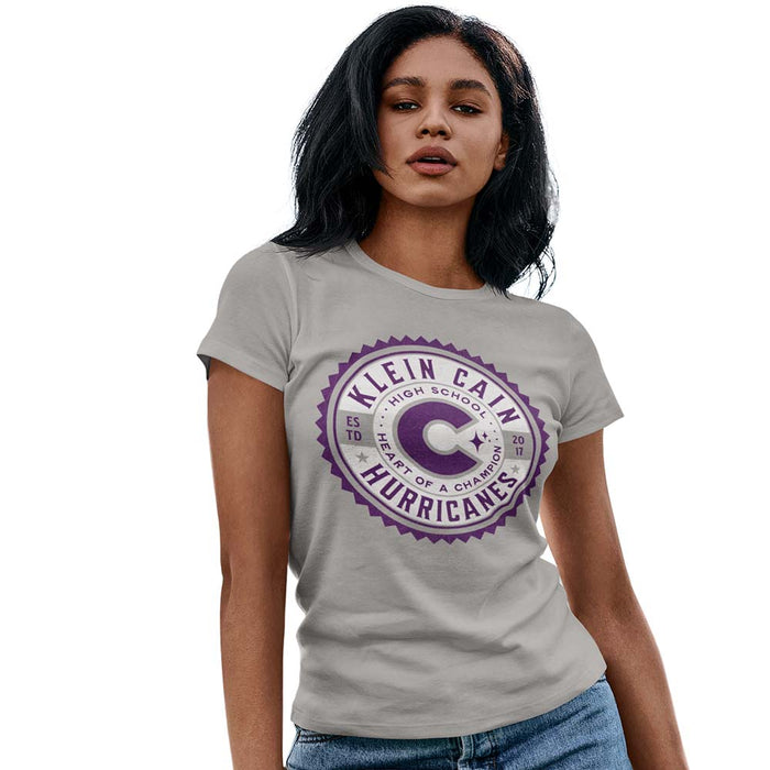 Woman wearing a Klein Cain High School Hurricanes Sport Grey Women's T-shirt 215