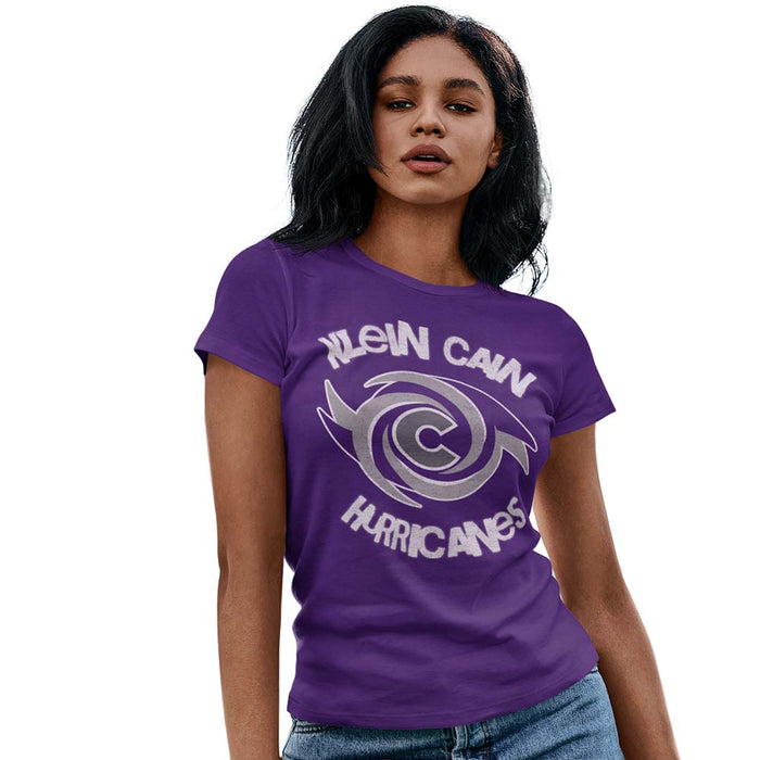 Woman wearing a Klein Cain High School Hurricanes Purple Women's T-shirt 234