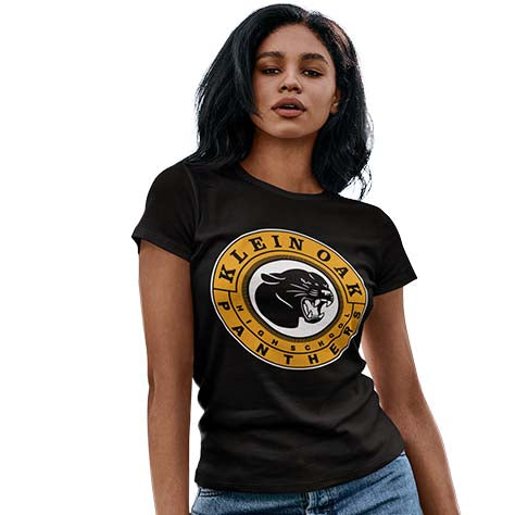 Woman wearing a Klein Oak High School Panthers Women's Black T-shirt 02