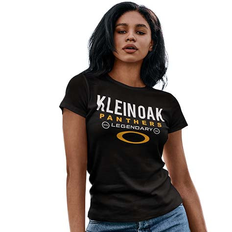 Woman wearing a Klein Oak High School Panthers Women's Black T-shirt 03