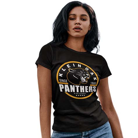 Woman wearing a Klein Oak High School Panthers Women's Black T-shirt 04