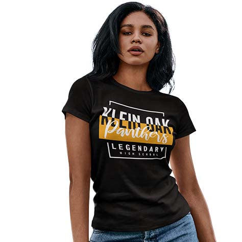 Woman wearing a Klein Oak High School Panthers Women's Black T-shirt 05