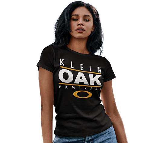 Woman wearing a Klein Oak High School Panthers Women's Black T-shirt 07