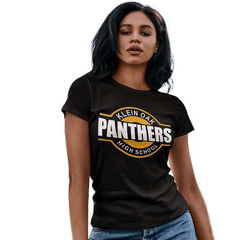 Woman wearing a Klein Oak High School Panthers Women's Black T-shirt 11