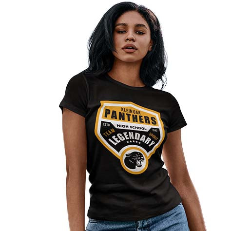 Woman wearing a Klein Oak High School Panthers Women's Black T-shirt 14