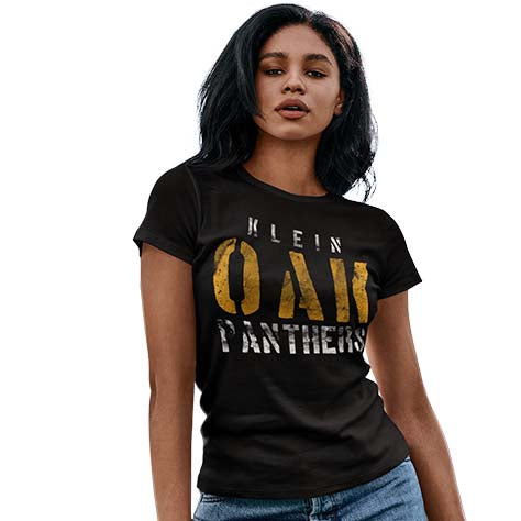 Woman wearing a Klein Oak High School Panthers Women's Black T-shirt 17