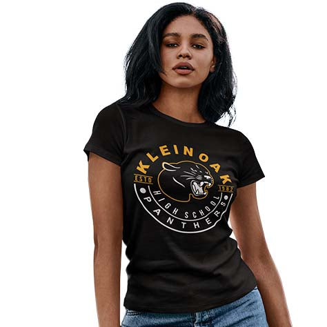 Woman wearing a Klein Oak High School Panthers Women's Black T-shirt 19