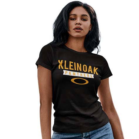 Woman wearing a Klein Oak High School Panthers Women's Black T-shirt 21