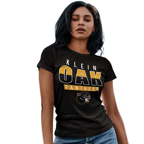 Woman wearing a Klein Oak High School Panthers Women's Black T-shirt 23