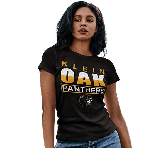 Woman wearing a Klein Oak High School Panthers Women's Black T-shirt 29