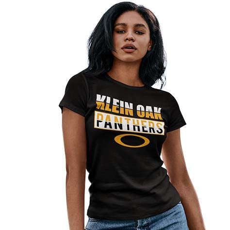 Woman wearing a Klein Oak High School Panthers Women's Black T-shirt 31