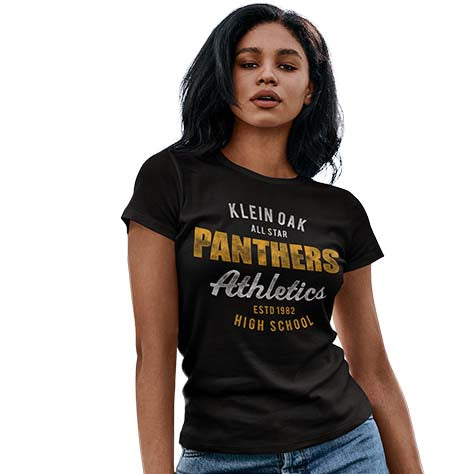 Woman wearing a Klein Oak High School Panthers Women's Black T-shirt 34