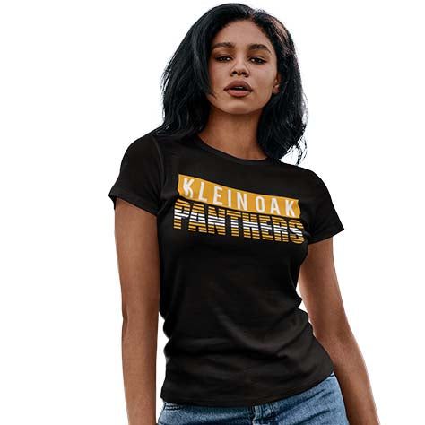 Woman wearing a Klein Oak High School Panthers Women's Black T-shirt 35