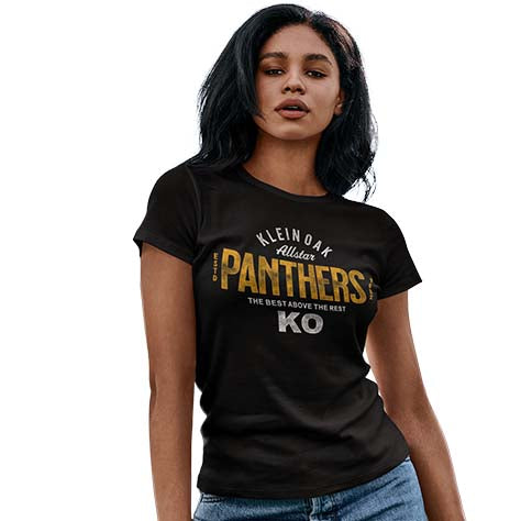 Woman wearing a Klein Oak High School Panthers Women's Black T-shirt 40