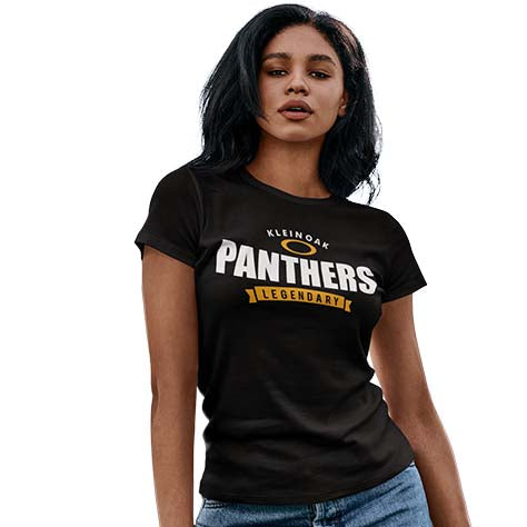 Woman wearing a Klein Oak High School Panthers Women's Black T-shirt 44