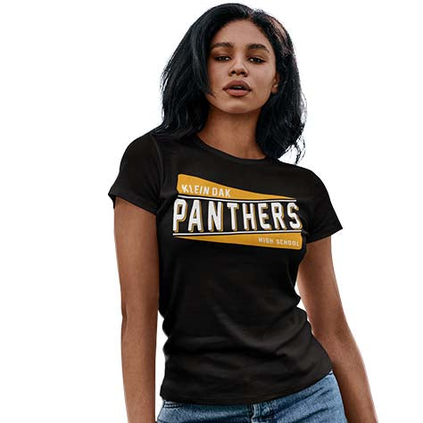 Woman wearing a Klein Oak High School Panthers Women's Black T-shirt 84