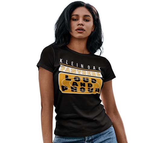 Woman wearing a Klein Oak High School Panthers Women's Black T-shirt 86