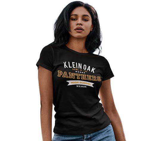 Woman wearing a Klein Oak High School Panthers Women's Black T-shirt 96