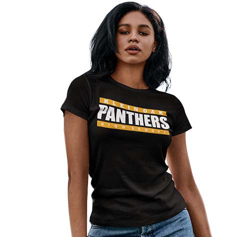 Woman wearing a Klein Oak High School Panthers Women's Black T-shirt 98