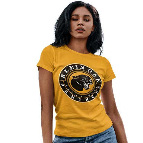 Woman wearing a Klein Oak High School Panthers Women's Gold T-shirt 02