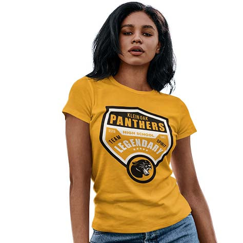 Woman wearing a Klein Oak High School Panthers Women's Gold T-shirt 14