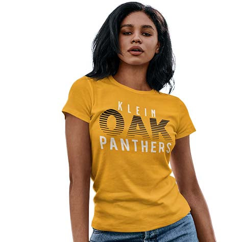 Woman wearing a Klein Oak High School Panthers Women's Gold T-shirt 24