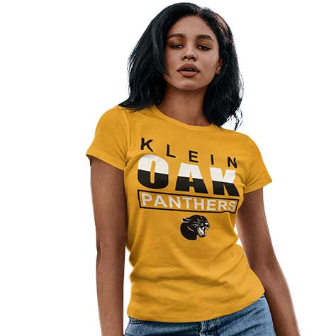 Woman wearing a Klein Oak High School Panthers Women's Gold T-shirt 29