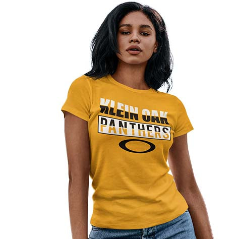 Woman wearing a Klein Oak High School Panthers Women's Gold T-shirt 31