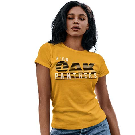 Woman wearing a Klein Oak High School Panthers Women's Gold T-shirt 32