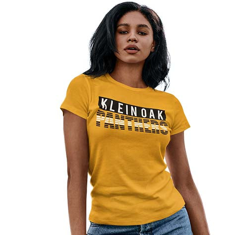 Woman wearing a Klein Oak High School Panthers Women's Gold T-shirt 35