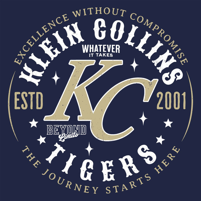 Close-up view of Klein Collins High School Tigers Classic Unisex Navy T-shirt 214