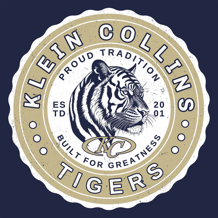 Close-up view of Klein Collins High School Tigers Classic Unisex Navy T-shirt 216