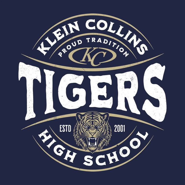 Close-up view of Klein Collins High School Tigers Women's Navy Blue SoftStyle T-shirt 218