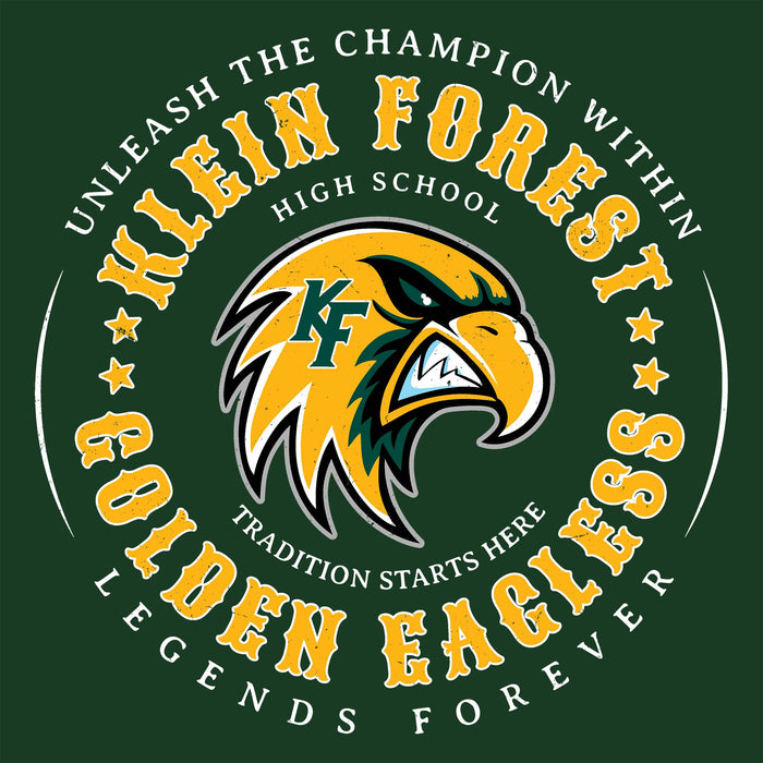Close-up view of Klein Forest High School Golden Eagles Classic Unisex Forest Green T-shirt 214