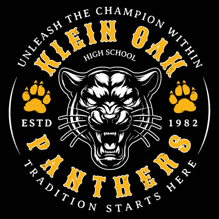 Close-up view of Klein Oak High School Panthers Women's Black SoftStyle T-shirt 214