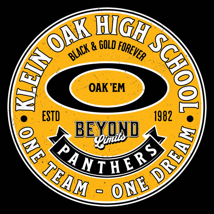 Close-up view of Klein Oak High School Panthers Unisex 3/4 Sleeve Raglan T-shirt 215