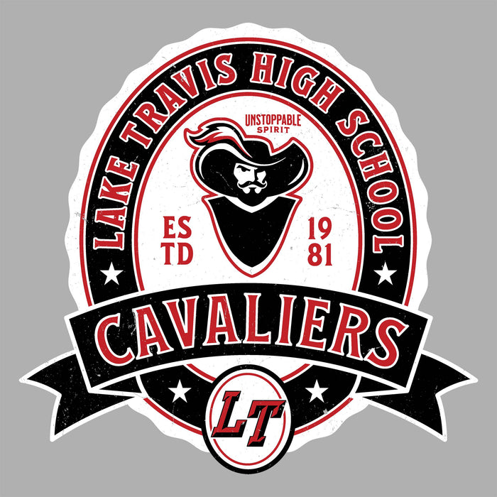 Close-up view of Lake Travis High School Cavaliers Unisex 3/4 sleeve Raglan T-shirt 212