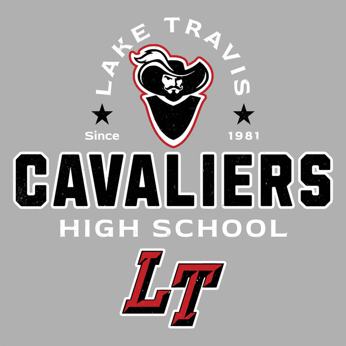 Close-up view of Lake Travis High School Cavaliers Unisex 3/4 sleeve Raglan T-shirt 222