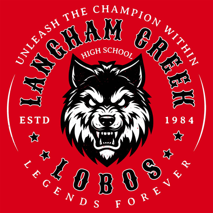 Close-up view of Langham Creek High School Lobos Red Classic Unisex T-shirt 214