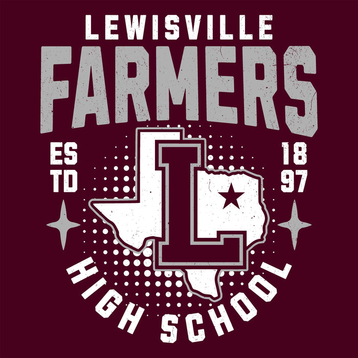 Lewisville Farmers High School logo with text on a red background