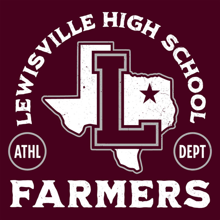 Lewisville High School Farmers logo with state outline and star on a maroon background