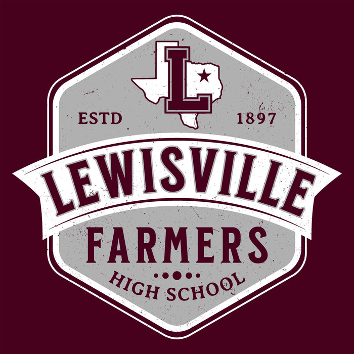 Lewisville Farmers High School logo with maroon and gray design on a dark red background