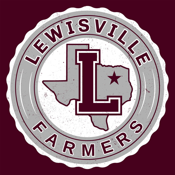 Circular logo with 'Lewisville Farmers' text and a map of Texas on a red background