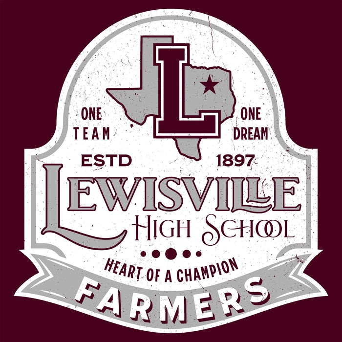 Lewisville High School logo with 'Farmers' on a maroon background