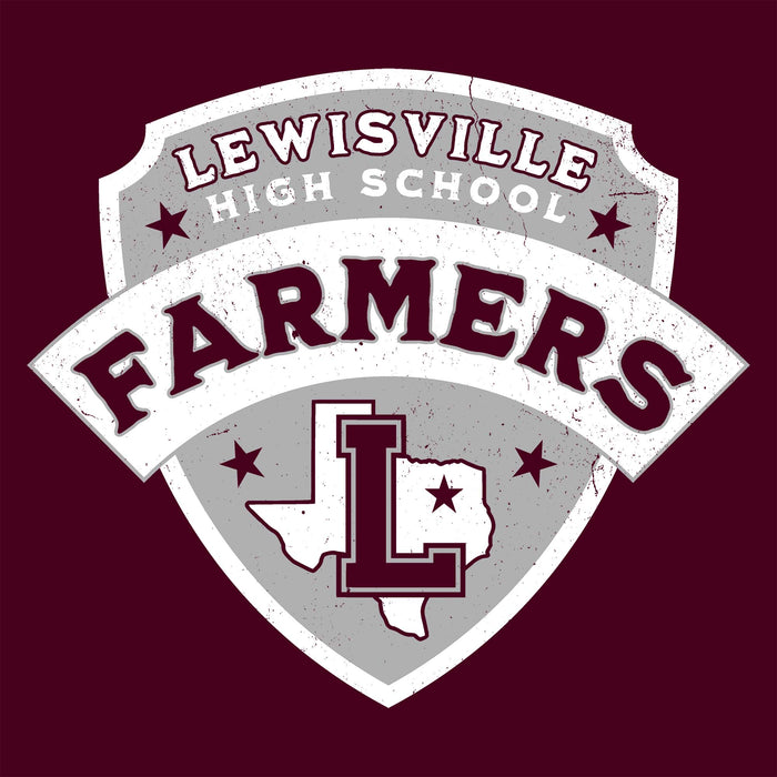 Lewisville High School Farmers logo on a maroon background